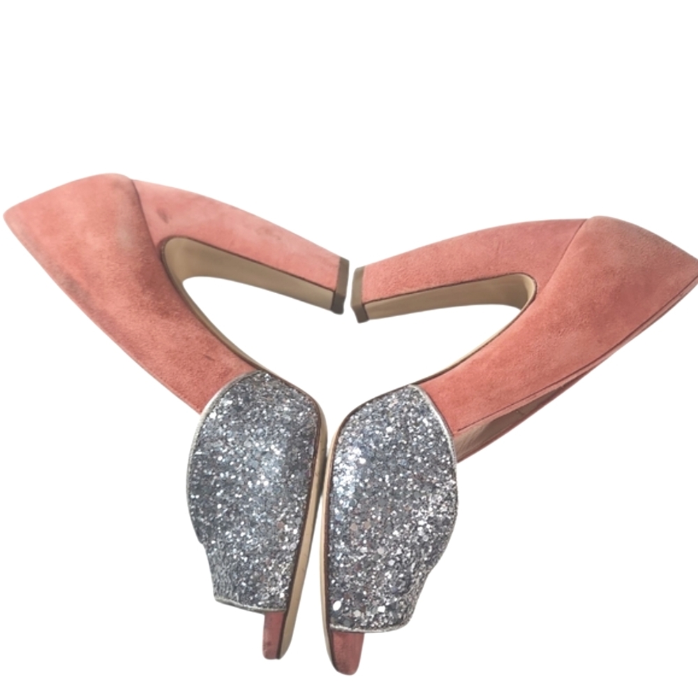 Miu Miu Silver Coral Coarse Glittery and Suede Peep Toe Pumps Heels. 37 - Picture 4 of 13